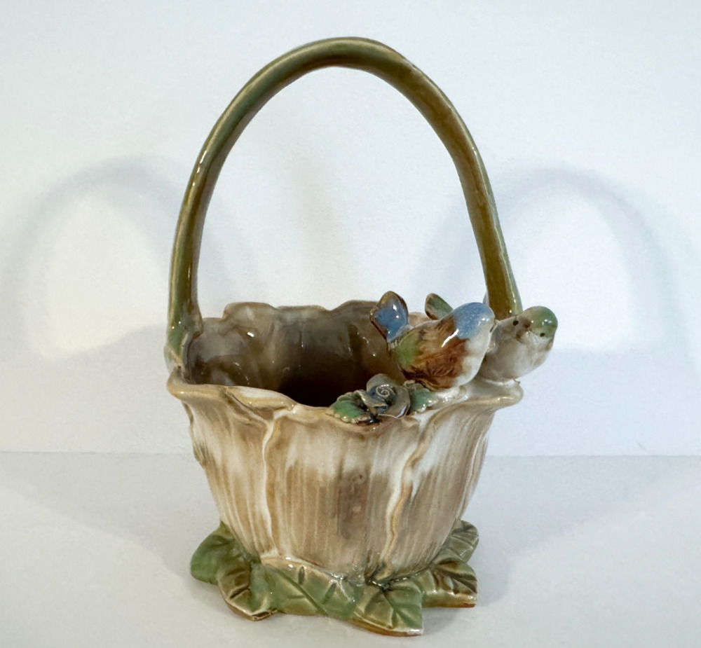 Vintage Majolica Style Bird Basket Planter Bluebird Cottagecore Ceramic 8.5"